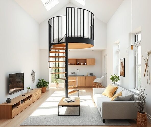 Czy schody spiralne do małego salonu z antresolą w 35 m² naprawdę zwiększą przestrzeń użytkową?